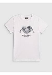 4f - 4F T-shirt regular z nadrukiem damski - biały M. Okazja: na co dzień. Kolor: biały. Materiał: dzianina, bawełna. Wzór: nadruk. Styl: casual, klasyczny #1