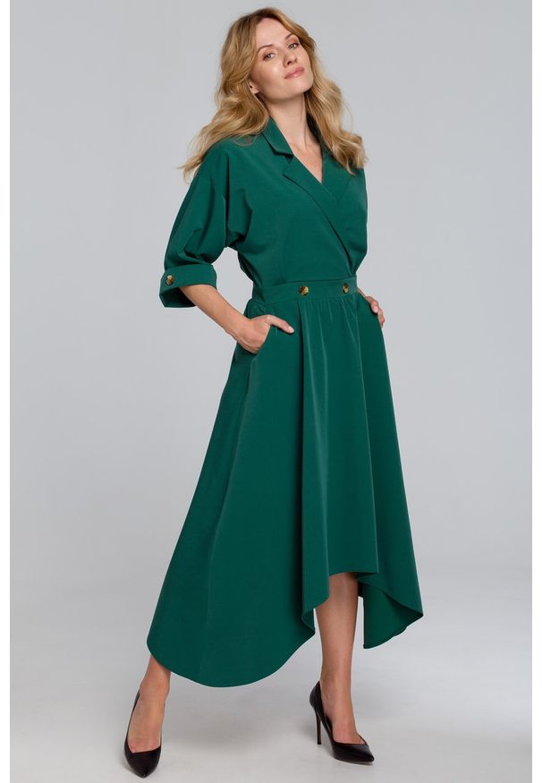 e-margeritka - Sukienka rozkloszowana midi elegancka zielona - s. Kolor: zielony. Materiał: tkanina, poliester, elastan, materiał. Wzór: gładki. Typ sukienki: asymetryczne, kopertowe, rozkloszowane. Styl: elegancki. Długość: midi