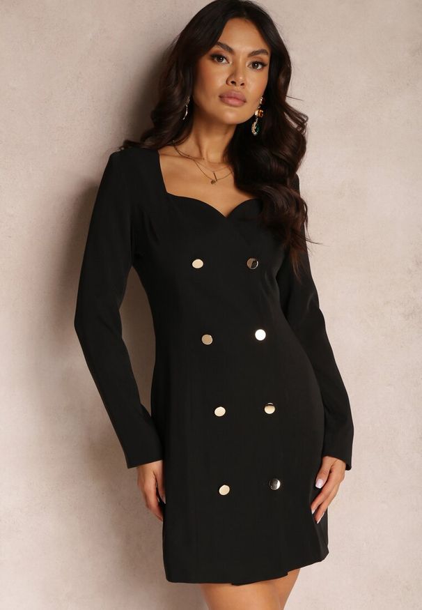 Renee - Czarna Sukienka Marynarka Taliowana z Guzikami Zinoma. Kolor: czarny. Materiał: tkanina. Długość rękawa: długi rękaw. Typ sukienki: asymetryczne