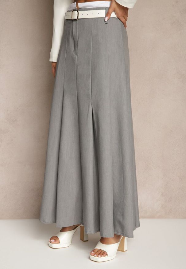 Renee - Szara Spódnica Długa Rozkloszowana High Waist Leoraia. Okazja: na co dzień, na spotkanie biznesowe. Stan: podwyższony. Kolor: szary. Długość: długie. Styl: casual, elegancki, biznesowy