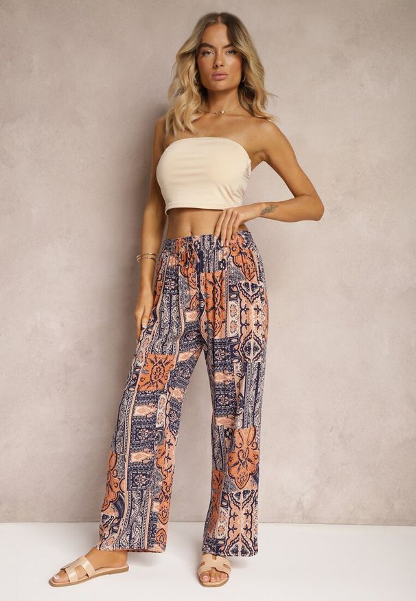 Renee - Niebiesko-Pomarańczowe Szerokie Spodnie Typu Palazzo z Wiskozy z Gumką w Pasie Melafea. Okazja: na spotkanie biznesowe, do pracy, na imprezę. Kolor: niebieski. Materiał: wiskoza. Sezon: lato. Styl: biznesowy, elegancki