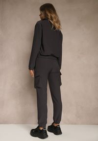 Renee - Ciemnoszary Komplet Dresowy Cargo Bluza ze Stójką i Spodnie Jogger Litene. Kolor: szary. Materiał: dresówka. Sport: turystyka piesza