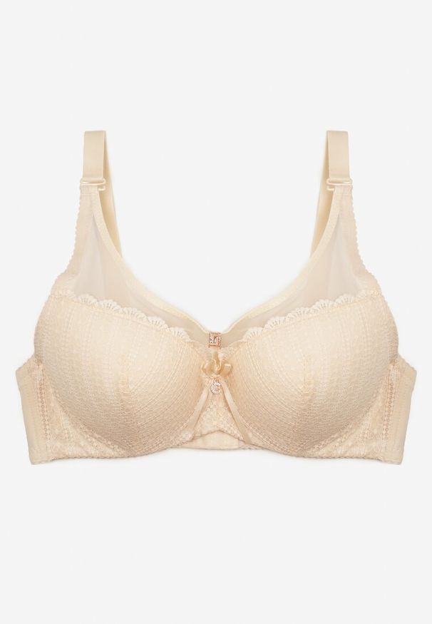 Renee - Beżowy Biustonosz Full Cup z Koronką i Zawieszką z Cyrkoniami Nomalia. Kolor: beżowy. Materiał: koronka. Wzór: koronka