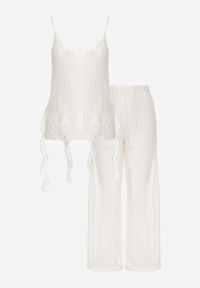 Born2be - Beżowy Rustykalny Komplet z Koronką i Falbankami Top i Szerokie Spodnie Pretissa. Kolor: beżowy. Materiał: koronka. Wzór: koronka #2