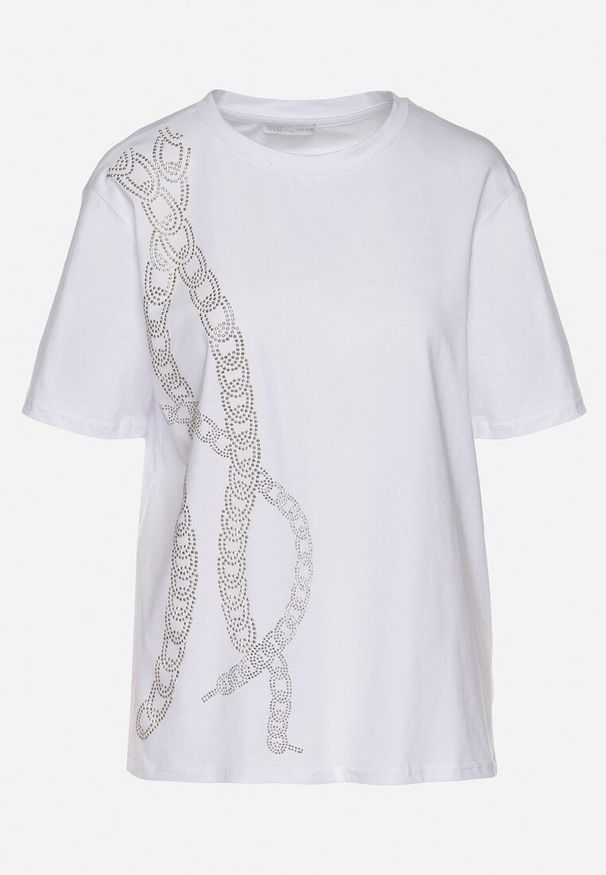 Born2be - Biały T-shirt Bawełniany z Cyrkoniami Felnella. Okazja: na co dzień. Kolor: biały. Materiał: bawełna. Styl: casual, elegancki