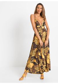 Sukienka z dekoltem halter bonprix czarno-żółty w roślinny wzór. Typ kołnierza: dekolt halter. Kolor: czarny. Długość: maxi #6