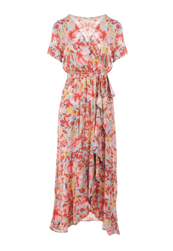 Born2be - Czerwono-Niebieska Sukienka Varila. Kolor: czerwony. Materiał: materiał, wiskoza. Wzór: jednolity, kolorowy, kwiaty. Sezon: lato. Typ sukienki: asymetryczne, kopertowe. Długość: midi