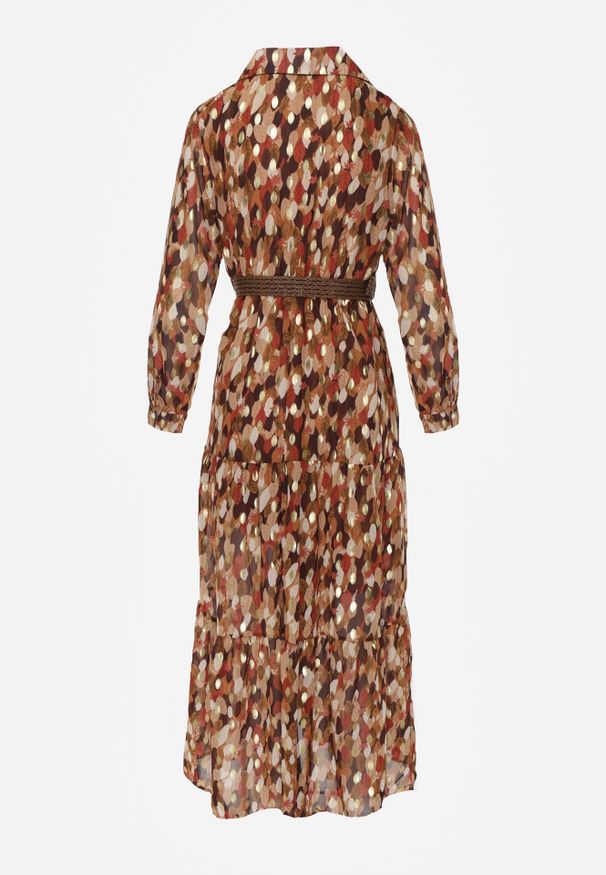 Born2be - Camelowa Sukienka Windom z Błyszczącym Nadrukiem. Okazja: na co dzień. Kolor: brązowy. Materiał: jeans, skóra, zamsz, poliester. Wzór: nadruk. Typ sukienki: proste, kopertowe. Styl: elegancki, klasyczny, casual