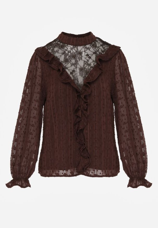 Born2be - Brązowa Bluzka Zdobiona Koronką Falbankami i Metaliczną Nicią Feralea. Okazja: na co dzień, do pracy, na spotkanie biznesowe. Typ kołnierza: kołnierz z falbankami. Kolor: brązowy. Materiał: koronka. Wzór: aplikacja, koronka. Styl: casual, biznesowy, elegancki