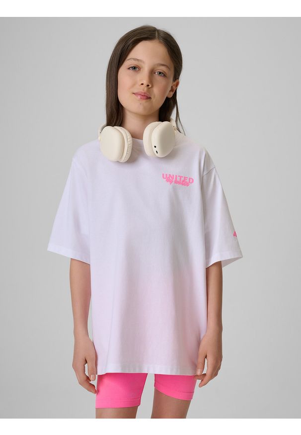 4f - 4F T-shirt loose z nadrukiem dziewczęcy - biały 134/140 (8-10 lat). Okazja: na co dzień. Kolor: biały. Materiał: materiał, bawełna, dresówka, dzianina. Wzór: nadruk. Sezon: lato. Styl: klasyczny, casual