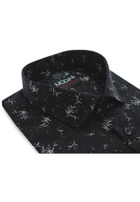 Modini - Czarna koszula męska w listki/gałązki Y47. Kolor: czarny. Materiał: bawełna, poliester, tkanina. Długość: długie #1