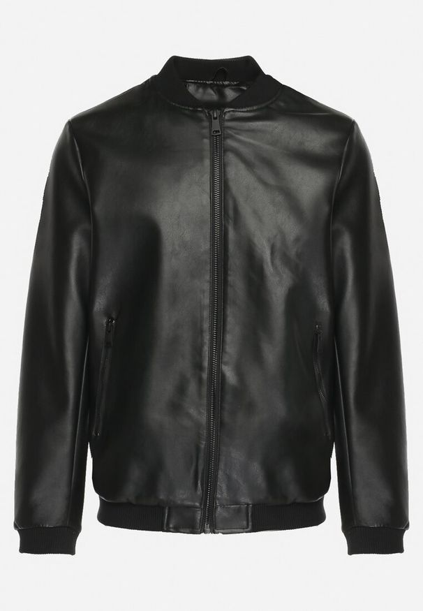 Born2be - Czarna Kurtka Bomberka z Imitacji Skóry i Zasuwanymi Kieszeniami Rihella. Kolor: czarny. Materiał: skóra. Styl: klasyczny, elegancki