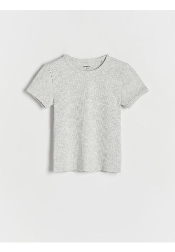 Reserved - Bawełniany t-shirt w prążki - jasnoszary. Kolor: szary. Materiał: bawełna. Wzór: prążki