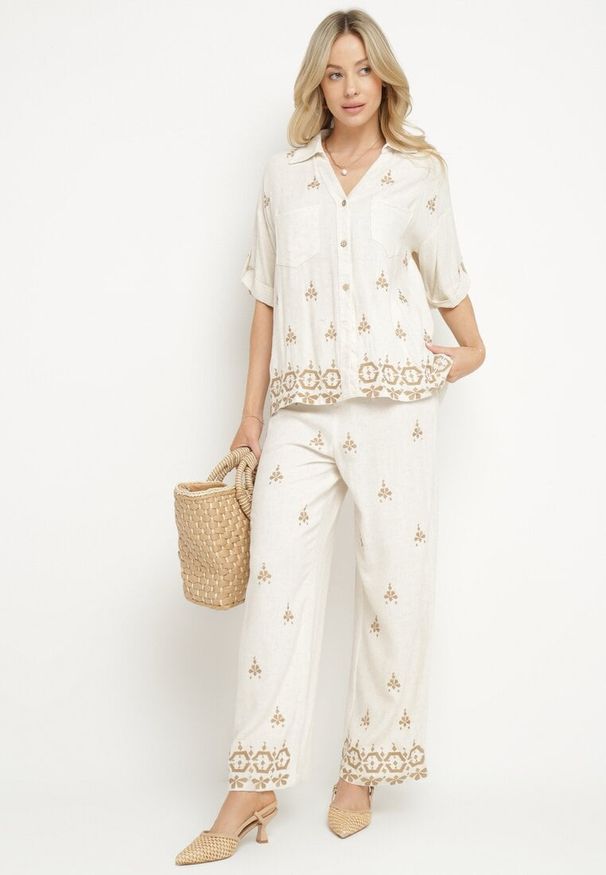 Born2be - Biało-Beżowa Koszula Overisze z Wiskozy i Lnu z Wzorem Etno Jaslena. Okazja: na co dzień. Typ kołnierza: dekolt w serek, kołnierzyk klasyczny. Kolor: biały. Materiał: wiskoza, len. Długość rękawa: krótki rękaw. Długość: krótkie. Sezon: wiosna, lato. Styl: etno