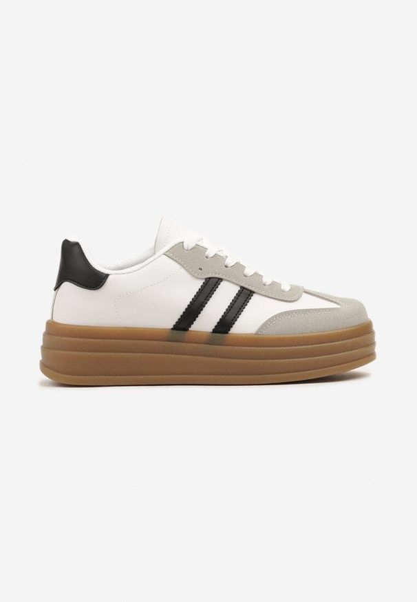 Born2be - Biało-Czarne Sneakersy Tenisówki z Ozdobnymi Paskami Mirnelis. Okazja: na co dzień. Nosek buta: okrągły. Zapięcie: pasek. Kolor: biały. Materiał: jeans. Obcas: na płaskiej podeszwie