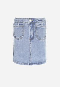 Born2be - Niebieska Jeansowa Spódnica z Perełkami na Wsuwanych Kieszeniach Demimka. Kolor: niebieski. Materiał: jeans. Długość: krótkie. Wzór: aplikacja #1
