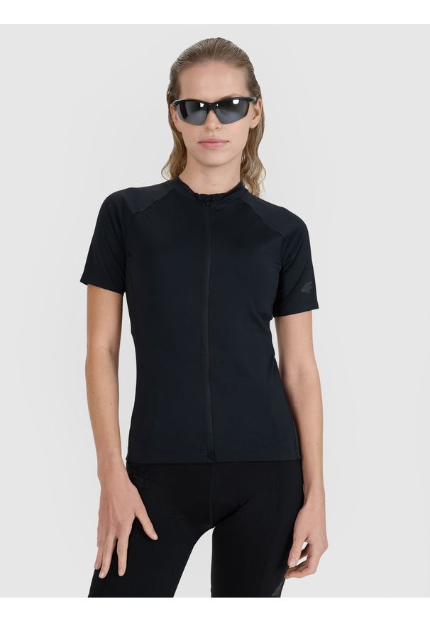 4f - 4F Koszulka rowerowa damska - czarna XL. Typ kołnierza: kołnierzyk stójkowy. Kolor: czarny. Materiał: syntetyk, materiał, włókno. Długość rękawa: krótki rękaw. Długość: krótkie. Wzór: gładki, ze splotem. Sport: kolarstwo