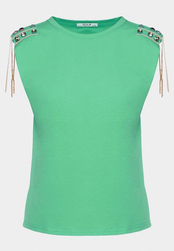 Born2be - Zielony Top z Podkreślonymi Ramionami Ozdobionymi Kryształkami i Łańcuszkami Viamara. Okazja: na co dzień. Kolor: zielony. Materiał: jeans. Wzór: aplikacja. Styl: elegancki, casual