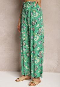Renee - Zielone Bawełniane Spodnie Boho w Stylu Palazzo z Gumką w Pasie i Wysokim Stanem Pravia. Stan: podwyższony. Kolor: zielony. Materiał: bawełna. Sezon: lato. Styl: boho