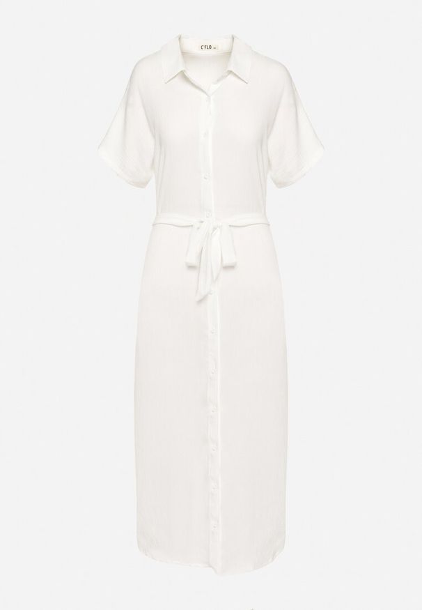 Born2be - Biała Sukienka Wiskozowa o Luźnym Koszulowym Kroju Wiązana w Talii Rionella. Kolor: biały. Materiał: wiskoza. Długość rękawa: krótki rękaw. Sezon: lato. Typ sukienki: koszulowe. Styl: klasyczny