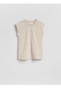 Reserved - Bawełniany t-shirt bez rękawów - beżowy. Kolor: beżowy. Materiał: bawełna. Długość rękawa: bez rękawów #1