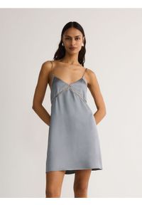 Reserved - Satynowa sukienka mini - jasnoniebieski. Kolor: niebieski. Materiał: satyna. Wzór: gładki. Długość: mini #1