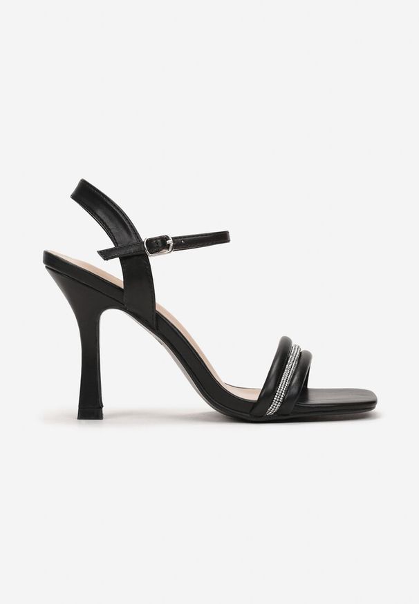 Born2be - Czarne Sandały na Szpilce z Cyrkoniami z Przodu Derina. Zapięcie: pasek. Kolor: czarny. Obcas: na szpilce. Styl: elegancki