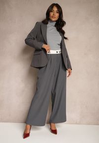 Renee - Szare Spodnie Palazzo High Waist z Szerokimi Nogawkami z Zapięciem na Guziki i Zamek Lomedia. Okazja: na spotkanie biznesowe. Stan: podwyższony. Kolekcja: plus size. Kolor: szary. Wzór: aplikacja. Styl: sportowy, klasyczny, elegancki, biznesowy