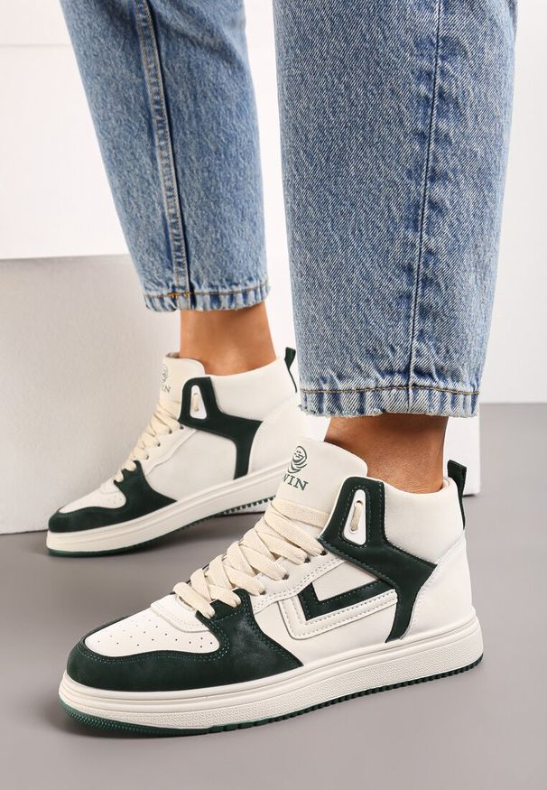 Renee - Beżowo-Zielone Sneakersy Maeramia. Okazja: na co dzień. Kolor: beżowy. Materiał: jeans, jersey