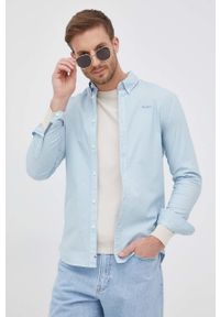 Pepe Jeans koszula PENTON męska slim z kołnierzykiem button-down. Typ kołnierza: button down. Kolor: niebieski. Materiał: materiał #1