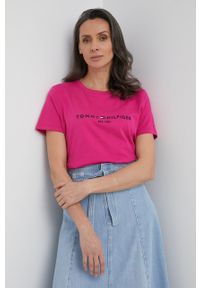 TOMMY HILFIGER - Tommy Hilfiger T-shirt damski kolor różowy. Okazja: na co dzień. Kolor: różowy. Materiał: bawełna, dzianina. Wzór: nadruk. Styl: casual #1