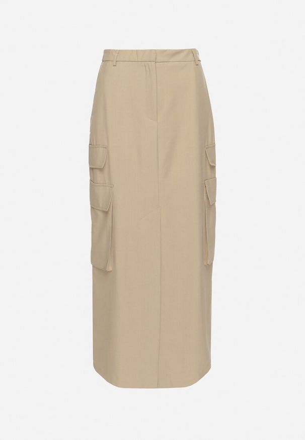 Born2be - Beżowa Spódnica w Stylu Utility z Kieszeniami i Rozcięciem na Przodzie Temari. Okazja: na co dzień. Stan: podwyższony. Kolor: beżowy. Styl: casual, elegancki