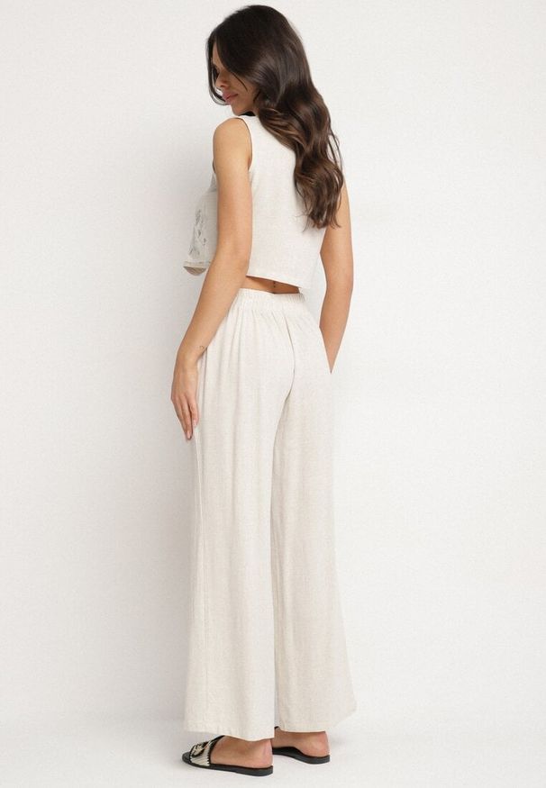 Born2be - Beżowy Komplet z Lnu i Wiskozy Szerokie Spodnie i Haftowana Kamizelka Ralissea. Kolor: beżowy. Materiał: wiskoza, len. Wzór: haft