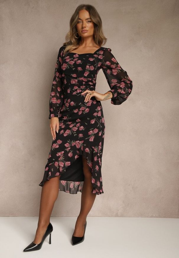 Renee - Czarno-Różowa Sukienka VICES o Taliowanym Kroju z Falbankami i Bufiastymi Rękawami Tevite. Okazja: na imprezę. Typ kołnierza: kołnierz z falbankami. Kolor: czarny