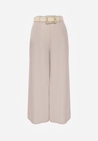 Renee - Beżowe Spodnie High Waist Wide Leg z Wiskozą z Plecionym Paskiem Aridine. Okazja: na co dzień. Stan: podwyższony. Kolor: beżowy. Materiał: wiskoza. Styl: elegancki, casual #6