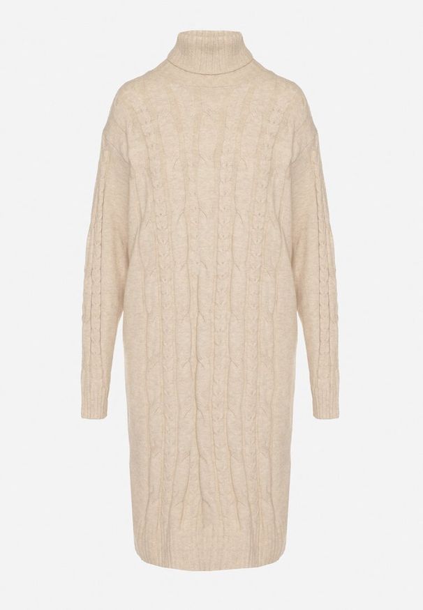 Born2be - Jasnobeżowa Sweterkowa Sukienka z Golfem Wełną i Bawełną Ozdobiona Splotem Reiania. Okazja: na co dzień, do pracy, na spotkanie biznesowe. Typ kołnierza: golf. Kolor: beżowy. Materiał: wełna, bawełna. Wzór: aplikacja, ze splotem. Typ sukienki: proste. Styl: biznesowy, casual