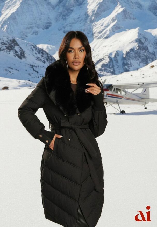 Renee - Czarna Pikowana Kurtka o Eleganckim Kroju z Futerkiem i Wiązanym Paskiem Galinessa. Kolor: czarny. Materiał: futro. Sezon: zima. Styl: elegancki