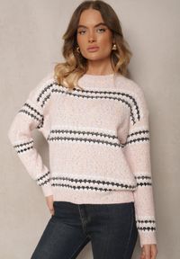 Renee - Jasnoróżowy Sweter z Bawełną w Paski Siadora. Okazja: na spotkanie biznesowe. Kolor: różowy. Materiał: bawełna. Wzór: paski. Styl: biznesowy, elegancki