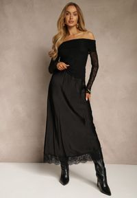 Renee - Czarna Wiskozowa Spódnica Satynowa z Koronką Fedore. Okazja: na co dzień. Kolor: czarny. Materiał: wiskoza, satyna, koronka. Wzór: koronka. Styl: casual, klasyczny #2