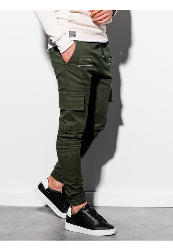 Ombre Clothing - Spodnie męskie joggery P1000 - khaki - XL. Kolor: brązowy. Materiał: bawełna, elastan