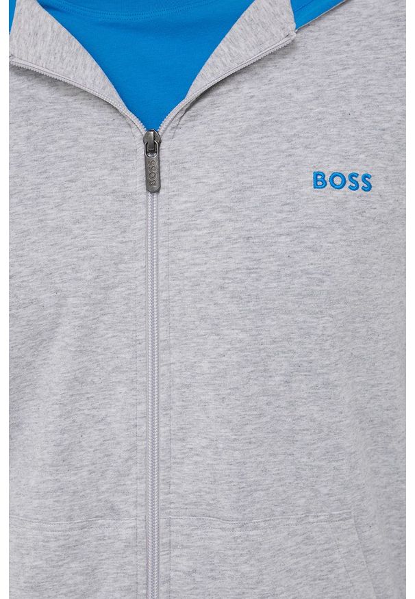 BOSS bluza męska kolor szary z kapturem gładka. Okazja: na co dzień. Typ kołnierza: kaptur. Kolor: szary. Wzór: gładki. Styl: casual