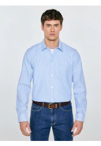 Big-Star - Koszula męska w prążek błękitna Cosiser 401. Okazja: na co dzień. Typ kołnierza: kołnierzyk klasyczny. Kolor: niebieski. Materiał: tkanina, bawełna, jeans. Długość: długie. Wzór: prążki. Styl: casual, elegancki, klasyczny #1
