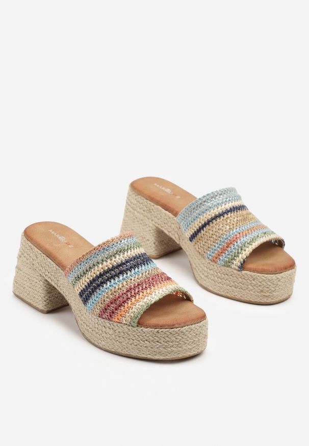 Born2be - Beżowo-Niebieskie Plecione Klapki na Słupku i Platformie Rivabia. Okazja: na co dzień. Kolor: beżowy. Materiał: jeans. Obcas: na platformie. Styl: elegancki, casual. Wysokość obcasa: średni