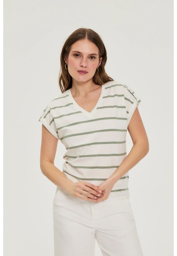 MOODO - Bluzka w paski oliwkowa. Kolor: oliwkowy. Materiał: bawełna, elastan. Wzór: paski