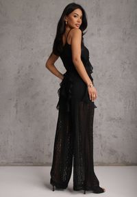 Renee - Czarny Eteryczny Komplet z Koronką i Falbankami Top i Spodnie Wide Leg Pretilaine. Kolor: czarny. Materiał: koronka. Wzór: koronka #4
