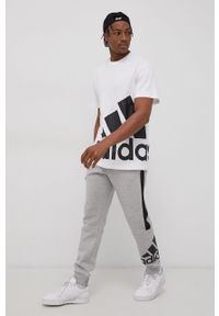 Adidas - adidas Spodnie męskie z nadrukiem. Kolor: szary. Materiał: dzianina, poliester. Wzór: nadruk