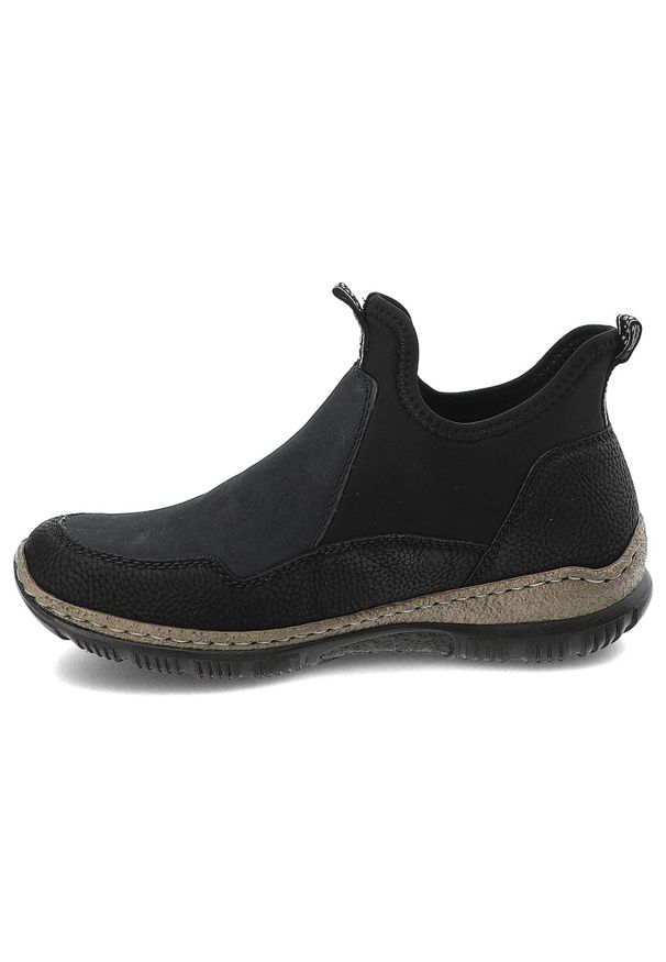 Czarne Botki Rieker Modne Wsuwane Obuwie Damskie. Okazja: na spacer, na co dzień. Zapięcie: bez zapięcia. Kolor: czarny. Materiał: materiał. Wzór: aplikacja. Styl: casual