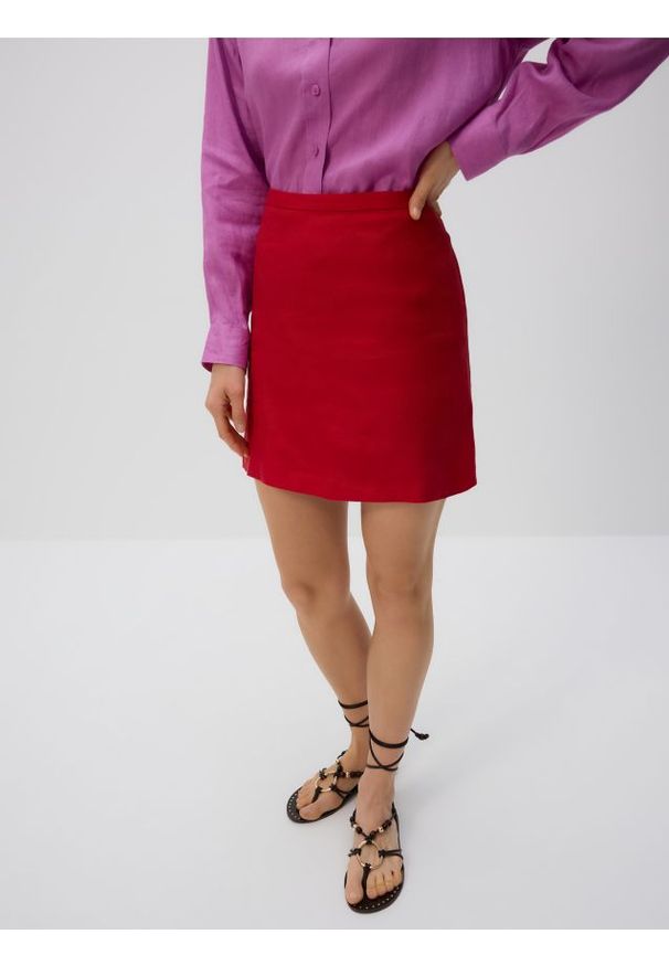Reserved - Lniana spódnica mini - czerwony. Kolor: czerwony. Materiał: len