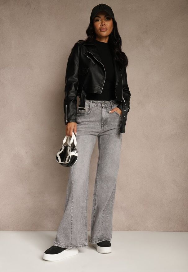 Renee - Szare Szerokie Jeansy z Bawełny High Waist Ozdobione Przetarciami Orryna. Okazja: na co dzień. Stan: podwyższony. Kolor: szary. Wzór: aplikacja. Styl: casual