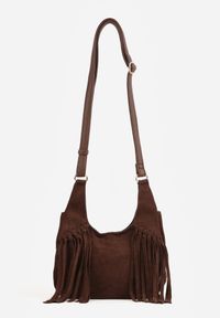 Renee - Brązowa Torebka w Stylu Boho z Imitacji Zamszu Ozdobiona Frędzlami na Długim Pasku na Ramię Megorre. Kolor: brązowy. Wzór: aplikacja. Dodatki: z frędzlami. Materiał: zamszowe. Styl: boho. Rodzaj torebki: na ramię #1